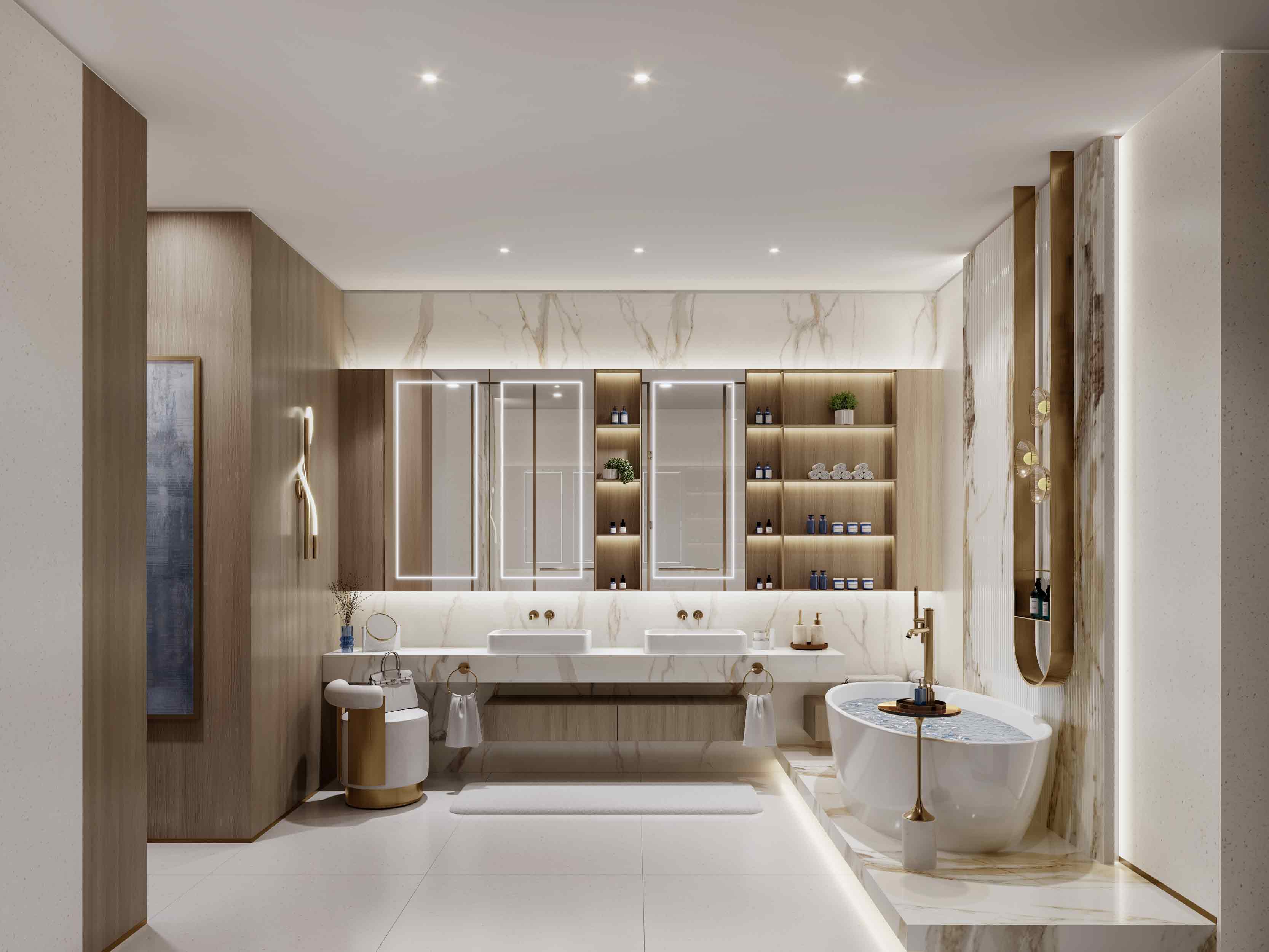 Sunset Bay Grand By Imtiaz A luxurious bathroom featuring modern fixtures, a freestanding bathtub, stylish lighting, and elegant wooden accents.